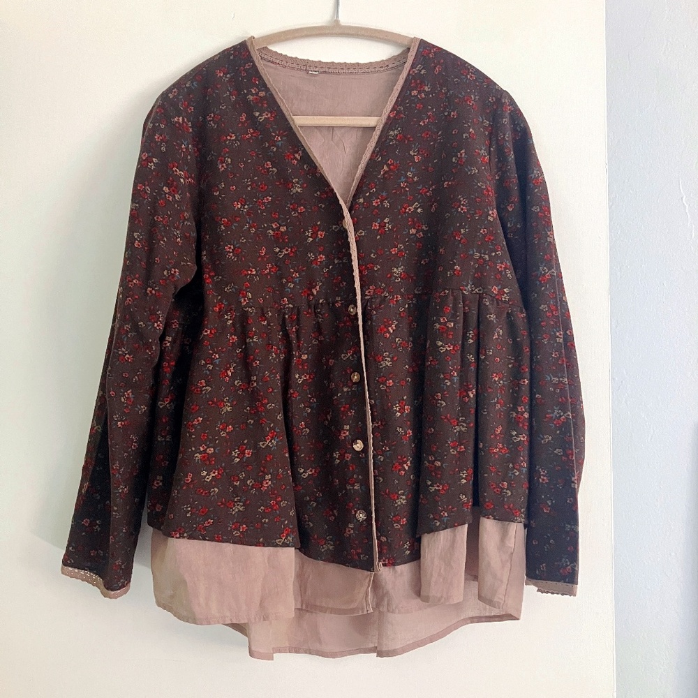 Brown & Rose Floral Button Up Layered Shirt Blouse Top lace BOHO cotton size L